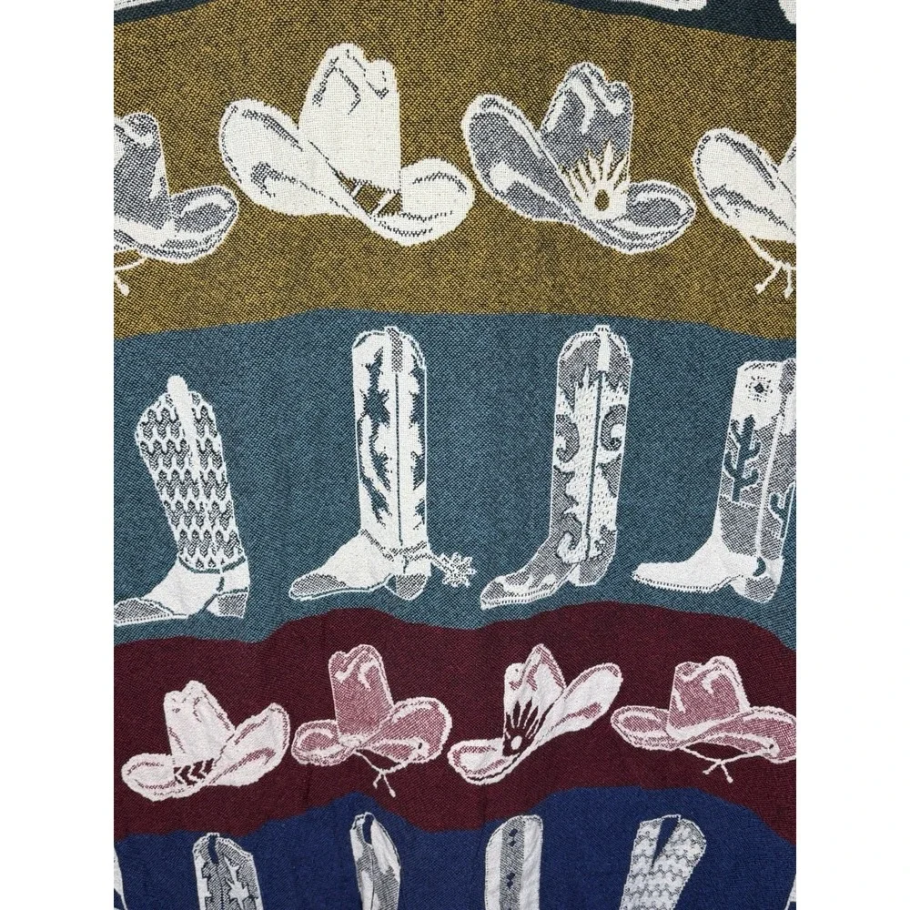Vintage Western Cowboy Boots Tapestry Afghan Fringe Throw Cowgirl Ranch Decor